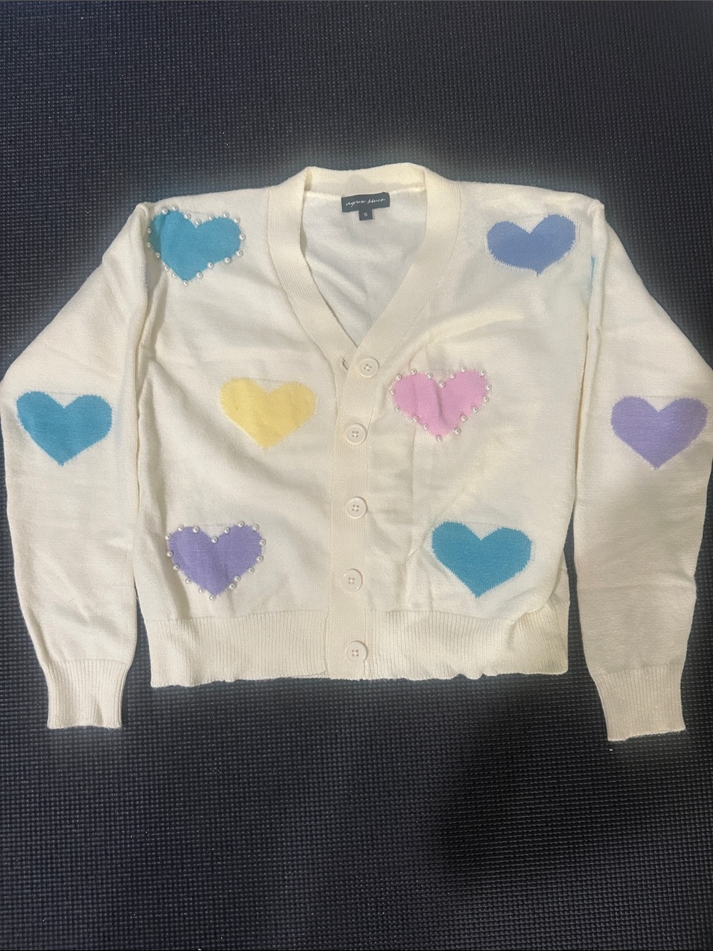 Susana Monaco Cream Cardigan with Pastel Heart Appliqués